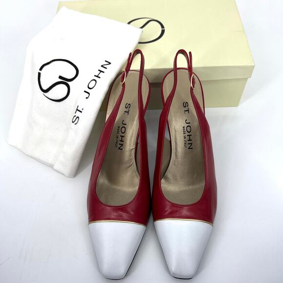 St. John Italy Red White Leather Slingback Heels Shoes Size 8 with Box dust bag - Picture 1 of 10